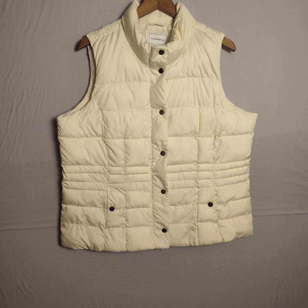 Charter Club Womens XL Cream Quilted Puffer Vest Snap Front Gold Hardware Ivory